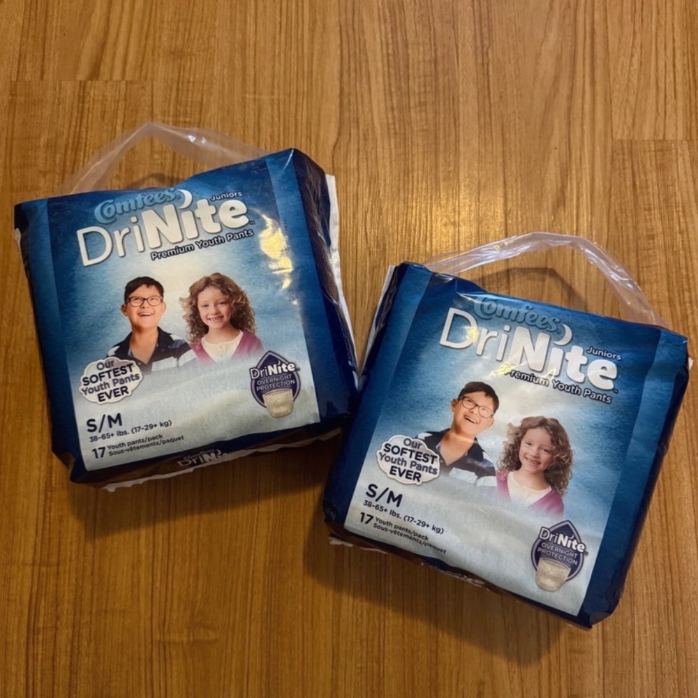 Comfees DriNite Juniors Premium Youth Pants S/M 38-65 lbs 2 Packs 34 Count Total